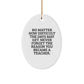 Inspirational Teacher Gifts from Friends, Gifts for Teachers at Christmas, Oval Ornament with Quote 'No Matter How Difficult...' - Image 1